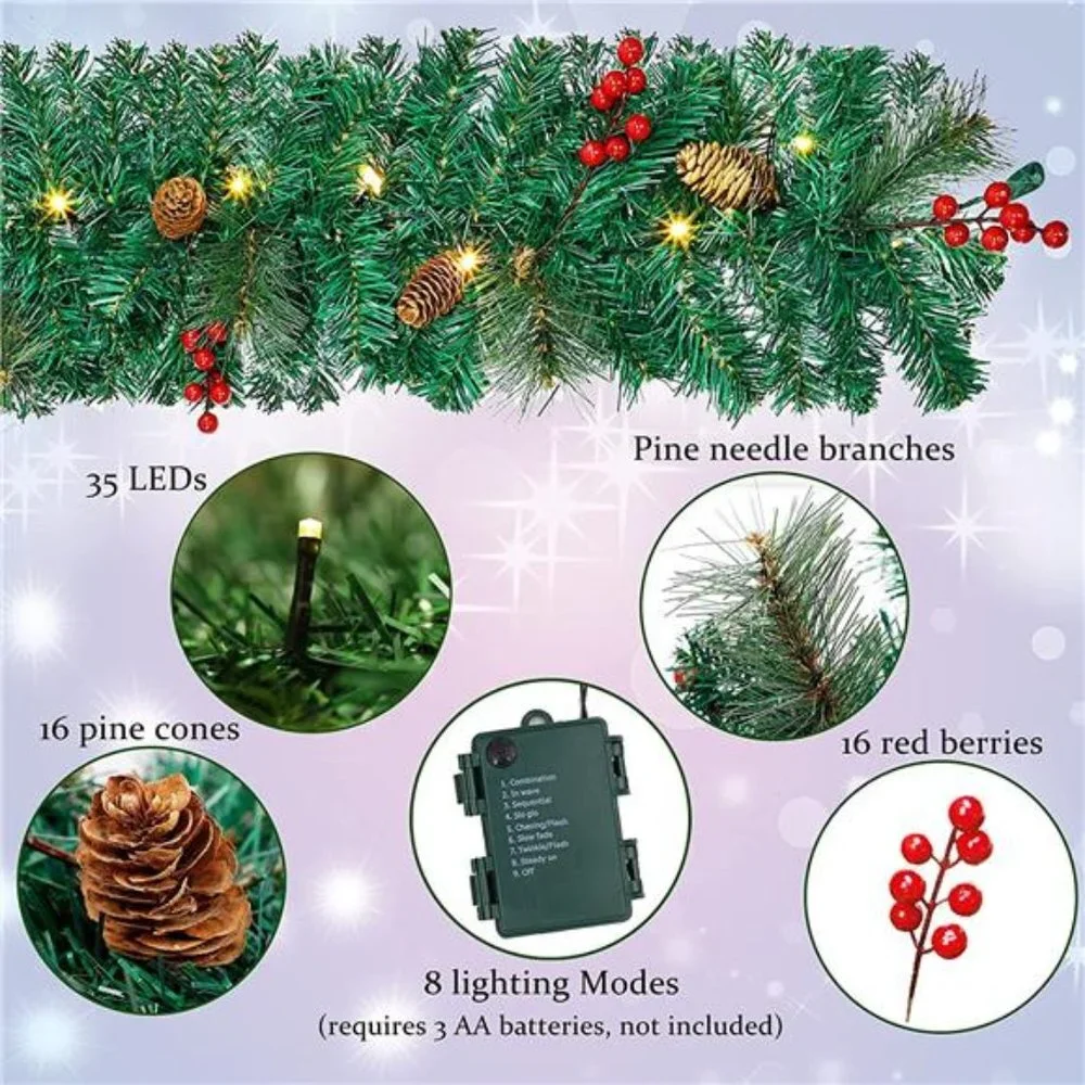 9 Foot Christmas Lighted Garland w/ Lights, Pre Lit Garland Wreath for Indoor